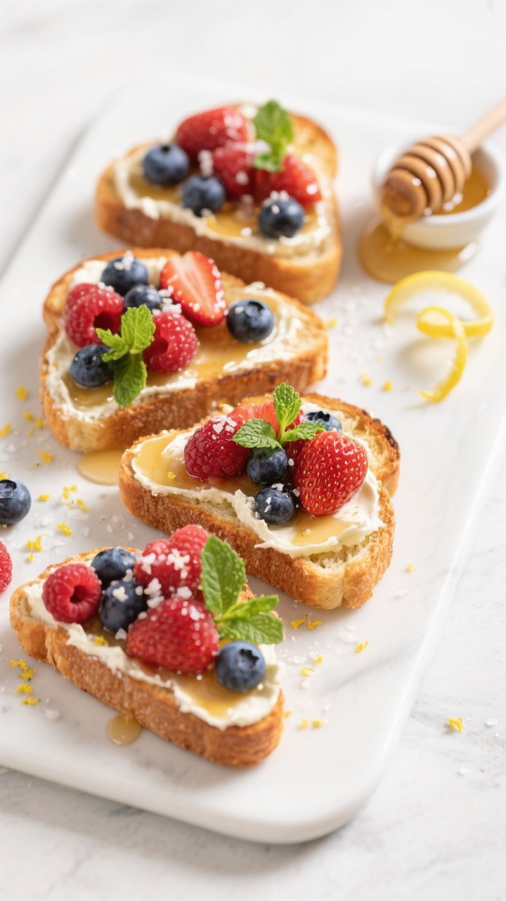 Overhead platter shot of berry mascarpone toast: four slices of toasted brioche spread with mascarpone mixed with honey and lemon zest, piled high with mixed berries (strawberries, blueberries, raspberries); glossy honey drizzle, tiny mint leaves, and a pinch of flaky salt on top; bright, fresh styling on a white ceramic board with a small honey dipper and lemon zest curls nearby.
