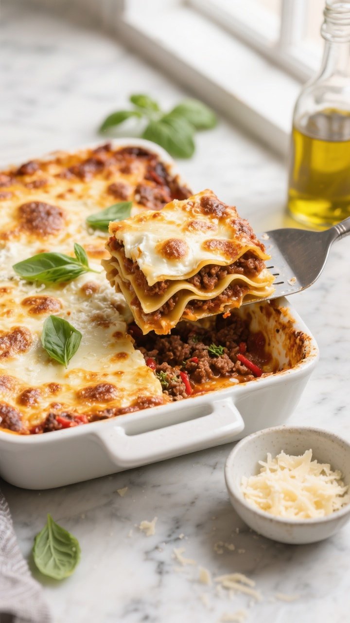 Overhead shot of a freshly baked Weeknight Classic Beef Lasagna in a 9x13 baking dish on a marble countertop: golden, bubbly mozzarella with browned spots, visible layers of rich beef ragù (ground beef, marinara, tomato paste, oregano, red pepper flakes), silky ricotta flecked with Parmesan, and no-boil noodles. A metal spatula lifts a neat square to reveal distinct strata. Garnish of torn fresh basil scattered, a small bowl of extra grated Parmesan, and a drizzle-ready bottle of olive oil nearby. Warm, cozy Tuesday-night mood, crisp natural window light, no people.