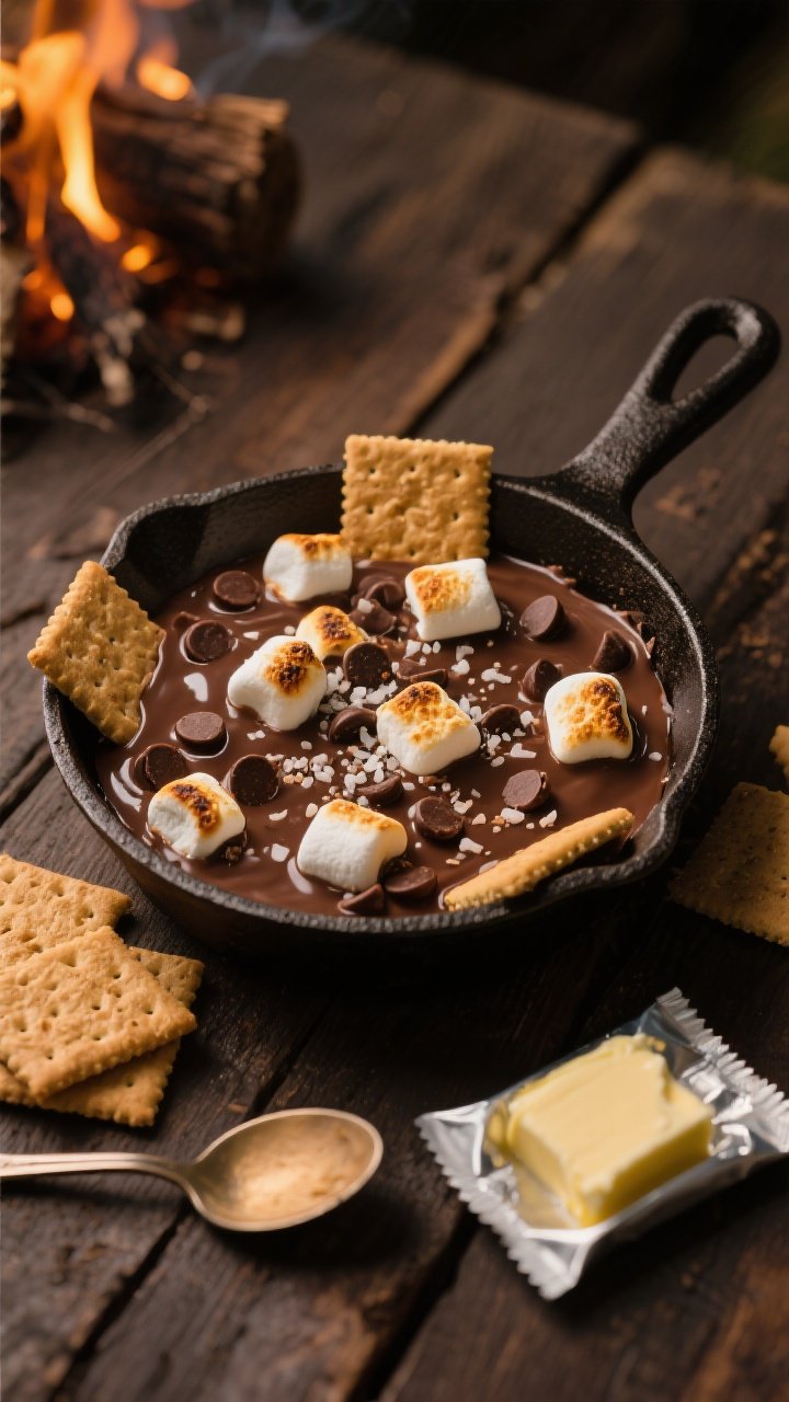 Overhead shot of a small cast-iron skillet filled with melted semisweet chocolate chips topped with toasted mini marshmallows, a light sprinkle of flaky salt, and a few lightly torched golden spots; graham crackers arranged around the skillet for scooping; a small pat of butter wrapper off to the side; warm, cozy campfire-at-home mood on a dark wooden table, soft highlights on the gooey texture.