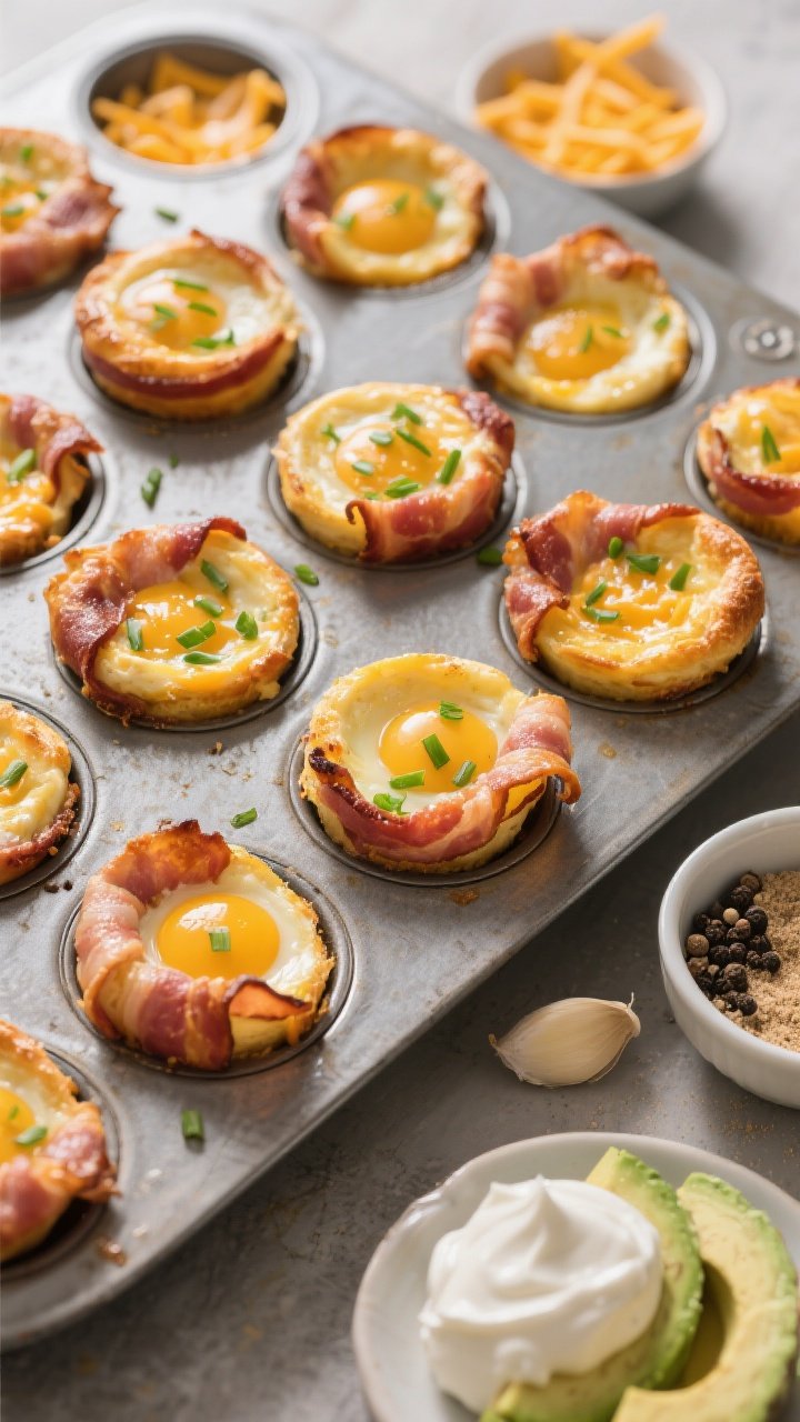 Overhead shot of freshly baked bacon-wrapped cheddar egg cups in a 12-cup muffin tin on a brushed metal sheet, golden tops with melted sharp cheddar, sprinkled with chopped chives; visible thick-cut bacon lining each cup, slight jiggle set centers; side props: small bowl of shredded cheddar, garlic powder pinch dish, cracked black pepper grinder, avocado slices and a dollop of sour cream on a small plate; warm morning light, crisp edges and creamy centers emphasized, shallow depth for appetizing shine.