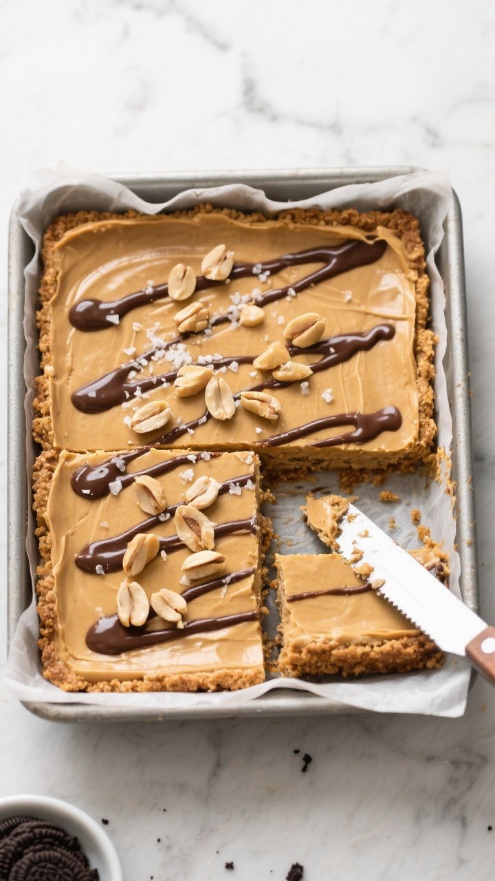 Overhead shot of silky peanut butter cheesecake bars sliced cleanly in an 8x8 pan lined with parchment, showing a golden graham cracker crust and a thick, velvety peanut butter-cream cheese filling. Drizzle of melted chocolate in thin ribbons, sprinkled chopped salted peanuts and a few sea salt flakes on top. Neutral marble surface, soft diffused light, tidy knife with a bit of filling, optional Oreo crumbs in a small dish to hint at swap. Cool, elegant, fridge-set texture emphasized.