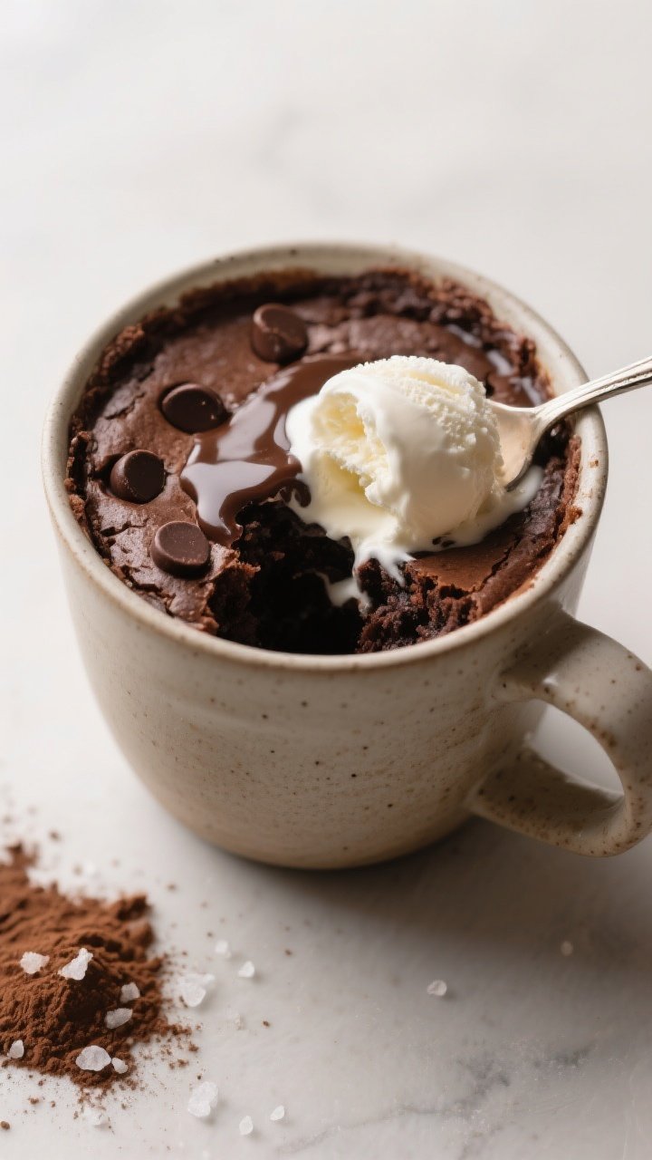 Straight-on close-up of a fudgy microwave mug brownie in a large ceramic mug, top set with a slight gooey center, a few melted chocolate chips visible; a small spoon breaking into the brownie, with a scoop of vanilla ice cream starting to melt over the warm surface; cocoa powder and a pinch of flaky salt scattered on the table; minimalist background to highlight rich chocolate textures.