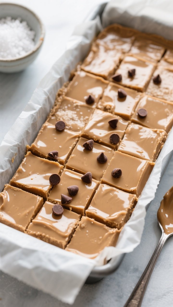 Straight-on close-up of a parchment-lined loaf pan filled with glossy peanut butter mug fudge, firmed and sliced into neat bite-size squares. Visible creamy peanut butter sheen from coconut oil and maple syrup, tiny bursts of mini chocolate chips scattered on top. Minimalist scene with a small bowl of sea salt and a spoon streaked with fudge; cool-toned background, refrigerator-fresh snap implied. Focus on smooth, dense texture and rich peanutty color.
