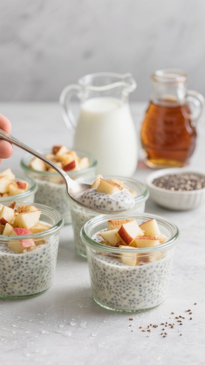 Straight-on jar lineup of chilled apple pie chia pudding cups: small glass jars filled with creamy milk-and-applesauce chia base flecked with cinnamon and vanilla, topped with finely diced fresh apple. One spoon dipping in to show thick, pudding-like texture; a small pitcher of milk and a maple syrup jar in the background, plus a pinch bowl of chia seeds. Cool, clean prep vibe with soft fridge-cold condensation hints, balanced neutral backdrop.