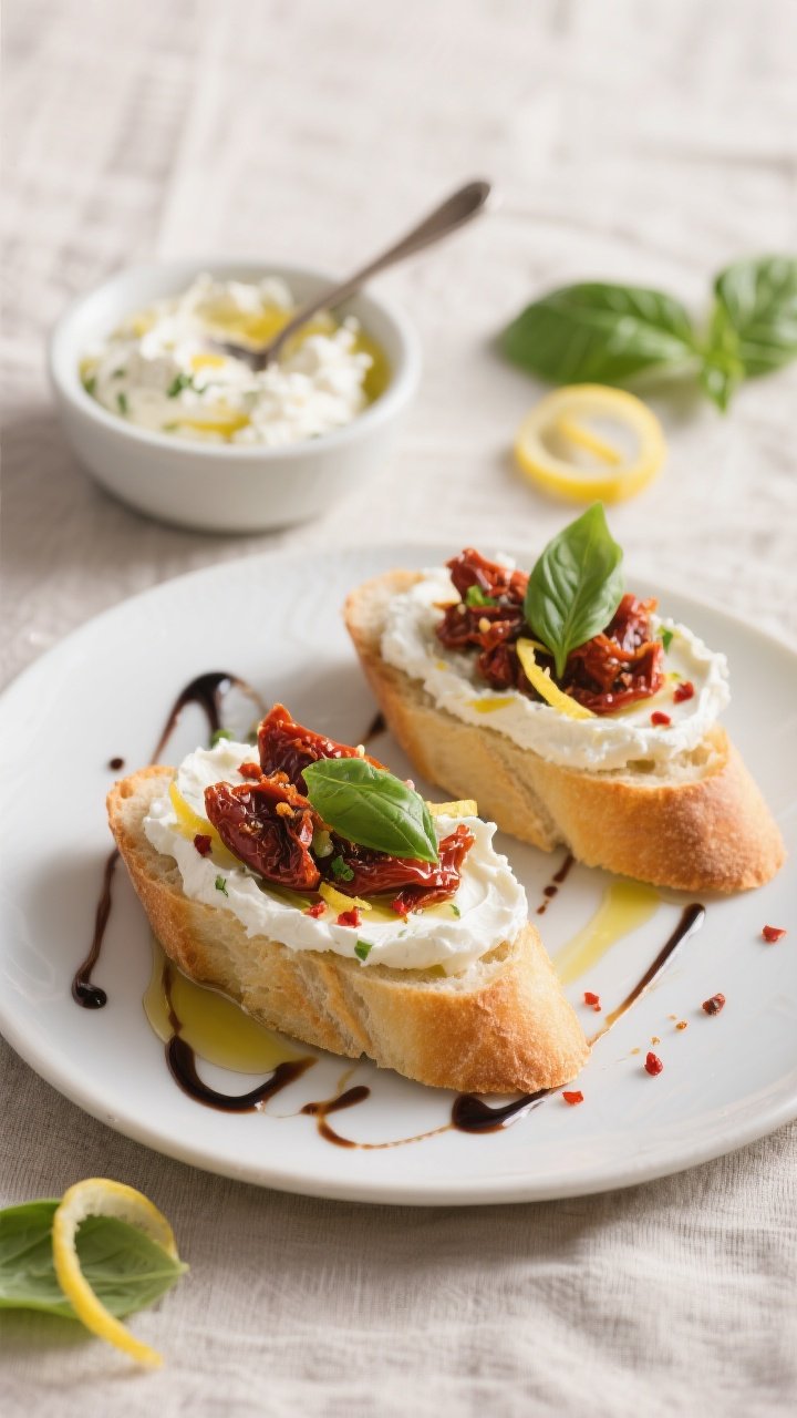 Straight-on plated appetizer shot of Sun-Dried Tomato Basil Ricotta spread on toasted baguette slices (bruschetta). The ricotta looks light and airy, flecked with finely chopped oil-packed sun-dried tomatoes, fresh basil, lemon zest, and red pepper flakes. Finish with a thin drizzle of balsamic glaze and a thread of olive oil. Include a small bowl of the ricotta mixture in the background with a spoon, plus a few basil leaves and lemon zest curls. Bright, inviting Italian aperitivo mood on a neutral linen, natural side light for gentle texture.