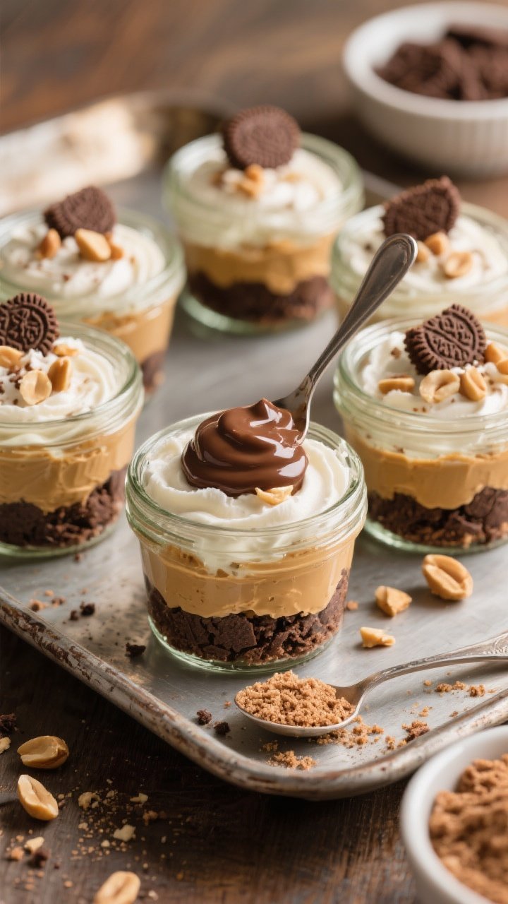 Straight-on plated presentation of no-bake peanut butter pie jars: layers of crushed chocolate wafer cookie crumbs, fluffy peanut butter-cream cheese filling folded with whipped topping, finished with a glossy spoonful of hot fudge. Garnished with chopped peanuts and mini peanut butter cups on top. Six petite glass jars arranged on a rustic tray with a small bowl of extra crumbs. Soft, cozy lighting to evoke diner-pie nostalgia, impeccable, spoonable texture.