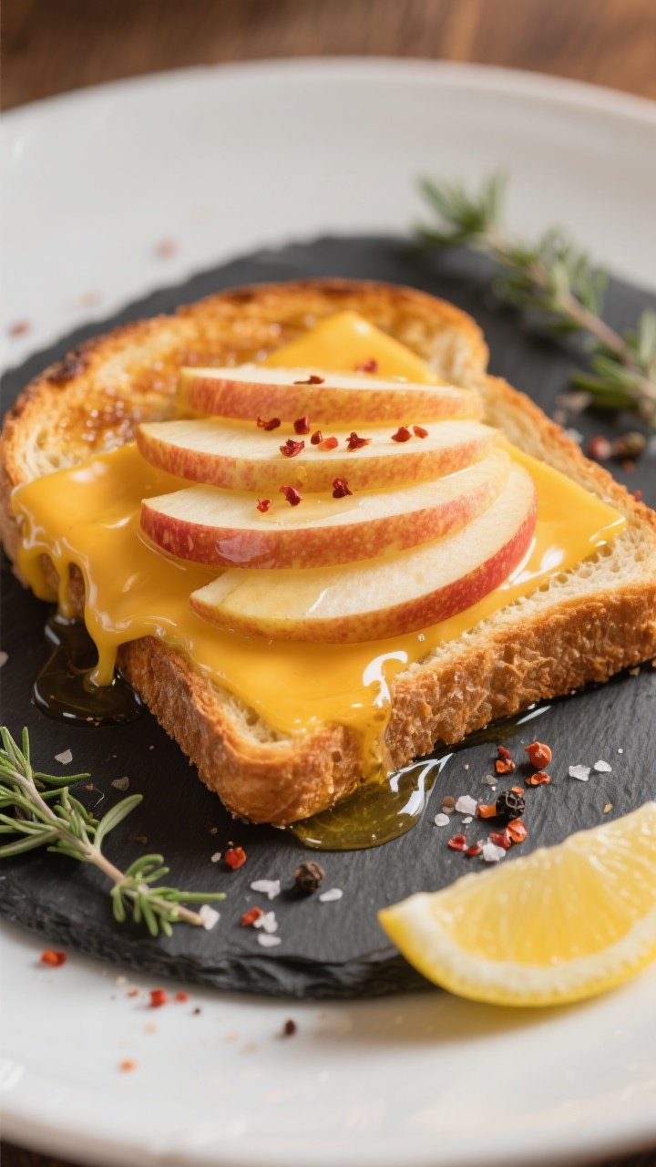 Straight-on plated toast close-up: golden broiled sourdough brushed with olive oil, topped with molten sharp cheddar and fanned thin slices of a crisp apple. Drizzle of honey pooling slightly, a sprinkle of red pepper flakes, sea salt, black pepper, and a few fresh thyme leaves. Optional lemon wedge on the side for brightness. Shot on a slate board for contrast, cheese pull details visible, warm, appetizing glow with minimal props.