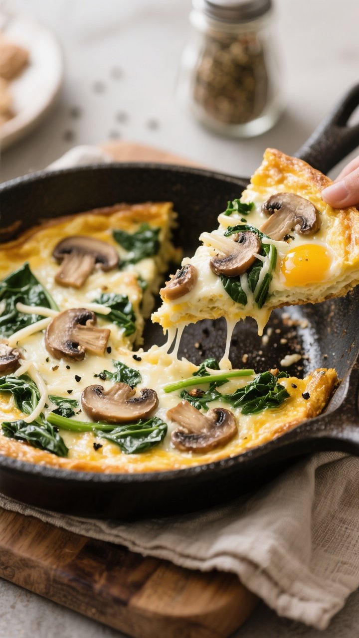 Straight-on slice reveal of a cheesy spinach and mushroom skillet frittata: 10-inch oven-safe skillet with a wedge lifted to show creamy interior, browned cremini mushrooms and wilted spinach flecked throughout, melty mozzarella/Gruyère strands; set on a rustic wooden board with a folded linen; egg mixture gloss and puffed edges captured; sprinkle of black pepper on top, Italian seasoning jar subtly in background; cozy brunch mood.