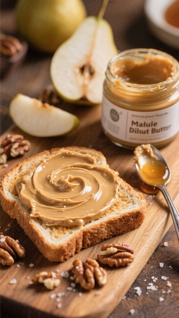 Tight close-up of Maple-Dijon Walnut Butter being spread onto warm toast, showcasing ultra-smooth nut butter texture with a satin sheen. Include a jar of the walnut butter with visible label notes: walnuts, maple syrup, Dijon, flaky sea salt, pinch of cinnamon. Scatter toasted walnut halves, a small drizzle of maple syrup, and a dab of Dijon on a spoon. Optional scene element: sliced pear and apple wedges to hint serving ideas. Warm, cozy tones, rustic wooden board, shallow depth of field emphasizing the glossy swirl.