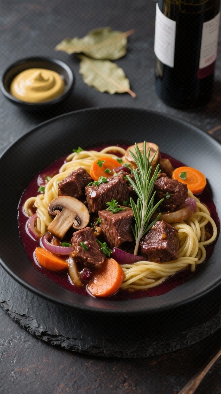 45-degree angle, bistro-style plated presentation of red wine and rosemary beef stew: silky-tender beef chunks with halved cremini mushrooms, thick carrot coins, and onions in a deep burgundy wine sauce; garnished with chopped parsley and a fresh rosemary sprig; served over buttered egg noodles in a matte black bowl on a slate surface; a small dish of Dijon mustard and a glass bottle of Cabernet in the background, bay leaves set aside; moody lighting with soft highlights to emphasize sheen and luxe feel.