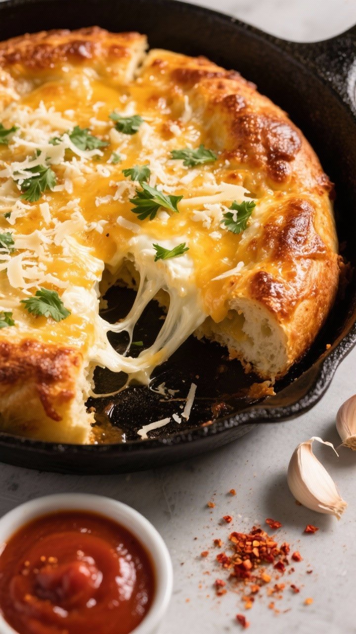45-degree angle close-up of Cheesy Garlic Skillet Bread in a 10-inch cast-iron skillet, surface bubbling and puffed with a golden crust, brushed with melted butter, showered with shredded Parmesan and fresh parsley. Visible torn wedge shows stretchy low-moisture mozzarella and cream cheese interior. Include a small bowl of no-sugar-added marinara for dipping, garlic powder and red pepper flakes on the side. Warm, cozy lighting with crisp edges and slight cheese gloss for maximum comfort-food appeal.