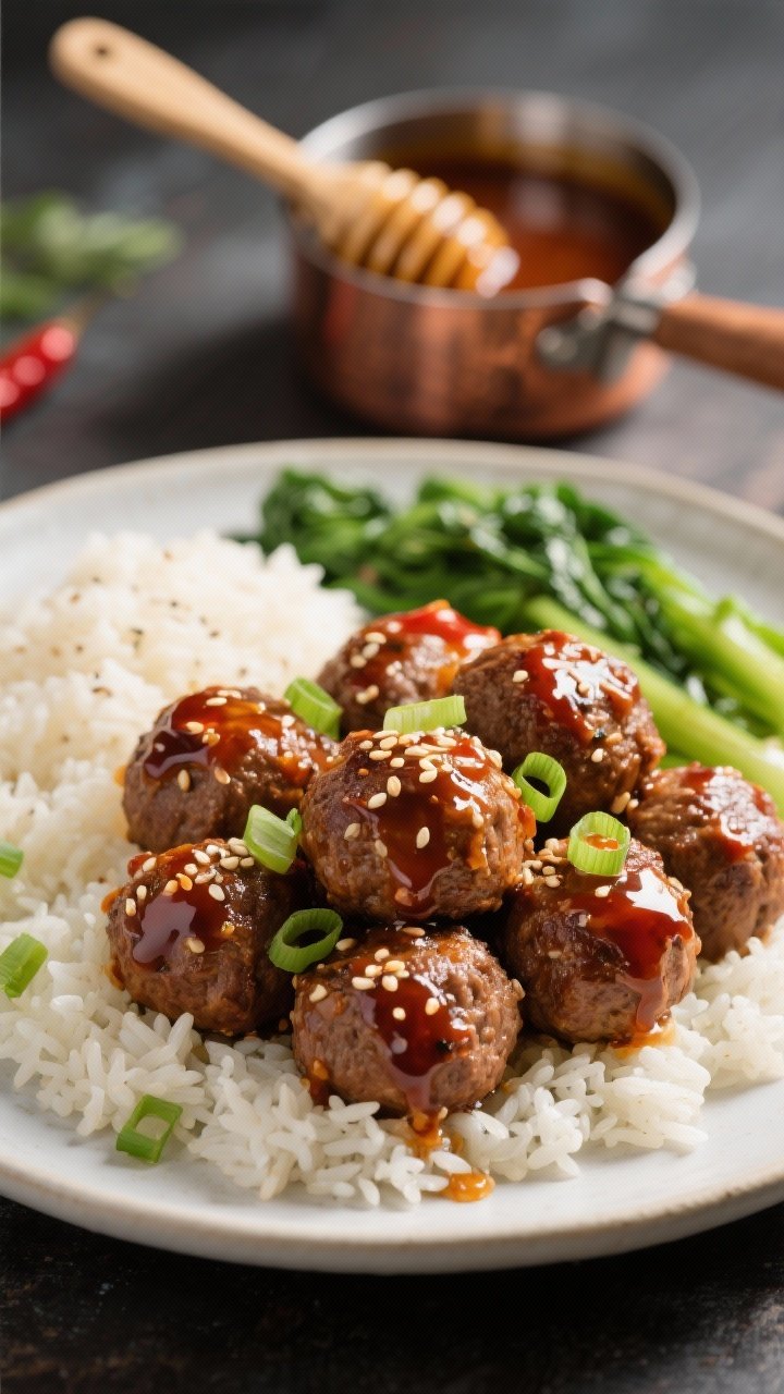 45-degree angle, glossy plated presentation of honey-chili air fryer meatballs: a mound of evenly sized, browned beef meatballs coated in a lacquered honey–soy–sriracha glaze, finished with sesame seeds and sliced scallions. Serve over fluffy jasmine rice with a side of steamed green veggies slightly blurred in the background. Include a small saucepan with the thickened glaze (honey, soy, sriracha, rice vinegar, cornstarch slurry) and a brush resting on the rim. Warm, inviting lighting that highlights the sticky sheen and deep caramelized tones.