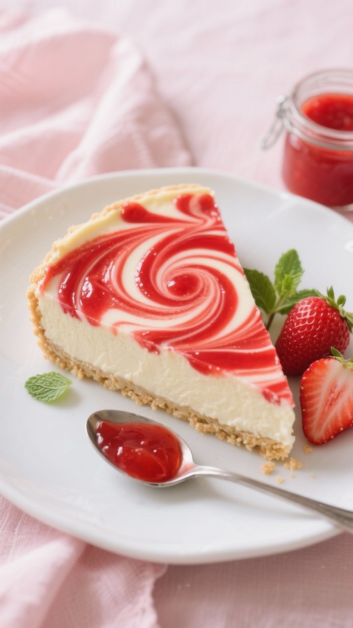 45-degree angle plated presentation of a strawberry swirl no-bake cheesecake: vanilla wafer crust, luscious cream filling with dramatic bright-red strawberry puree swirls on the surface, delicate marbling visible on the side of a clean slice; garnish with fresh halved strawberries and tiny mint leaves; a spoon with a smear of thick strawberry sauce nearby, a small jar of reduced strawberry puree in frame; cool spring vibe with pale pink linen and white ceramic plate; emphasize glossy swirls, airy interior, and crumb contrast; soft natural backlight for luminous reds.