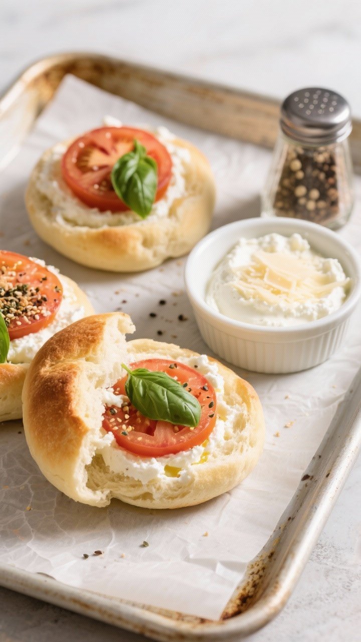 45-degree angle plated presentation of cottage cheese egg white cloud bread rounds, lightly golden and puffed, topped with tomato slices, fresh basil, and a sprinkle of everything bagel seasoning; visible airy, fluffy interior with gentle browning; a ramekin of smooth blended cottage cheese and a small dish of grated Parmesan on the side, plus a shaker labeled garlic powder and cracked black pepper; set on parchment-lined sheet pan to reflect bake method, bright, soft light emphasizing the cloudlike texture, no people.