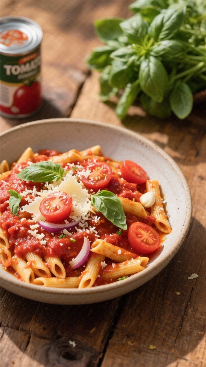 45-degree angle plated presentation of one-pot tomato basil penne in a wide rimmed bowl, thick red crushed-tomato sauce coating al dente penne; halved cherry tomatoes bursting, torn fresh basil scattered, a light snowfall of Parmesan, drizzle of olive oil catching the light; thin onion slices and minced garlic visible in the sauce; rustic summer vibe on a warm wood table with a can of crushed tomatoes and a sprig-laden basil bunch in the background.