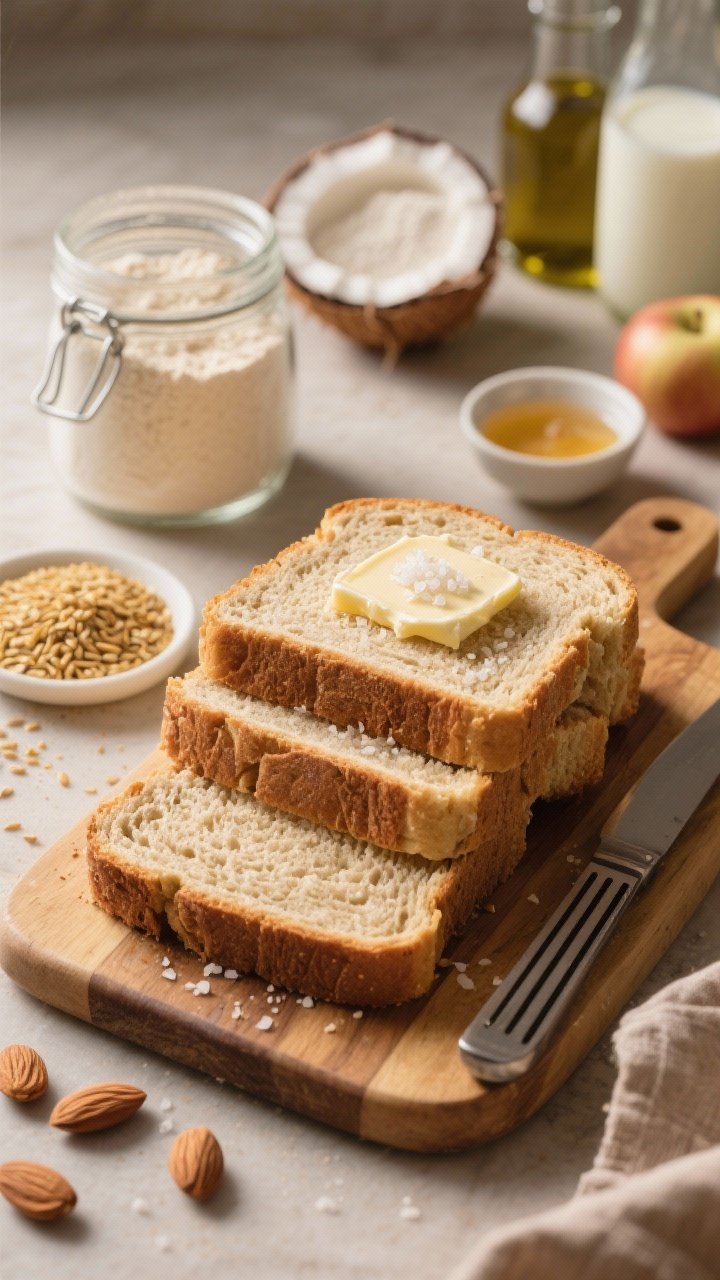 45-degree angle plated presentation: thick slices of almond flour sandwich bread stacked on a cutting board, showing tight, even crumb and nutty color; a buttered slice with sea salt flakes beside, toaster lines hinted; ingredients styled in the background—almond flour in a jar, ground golden flaxseed, coconut flour, baking powder, almond milk, olive oil, and a small dish of apple cider vinegar; warm bakery mood, clean lines, professional bounce lighting, emphasis on sturdy slice structure.