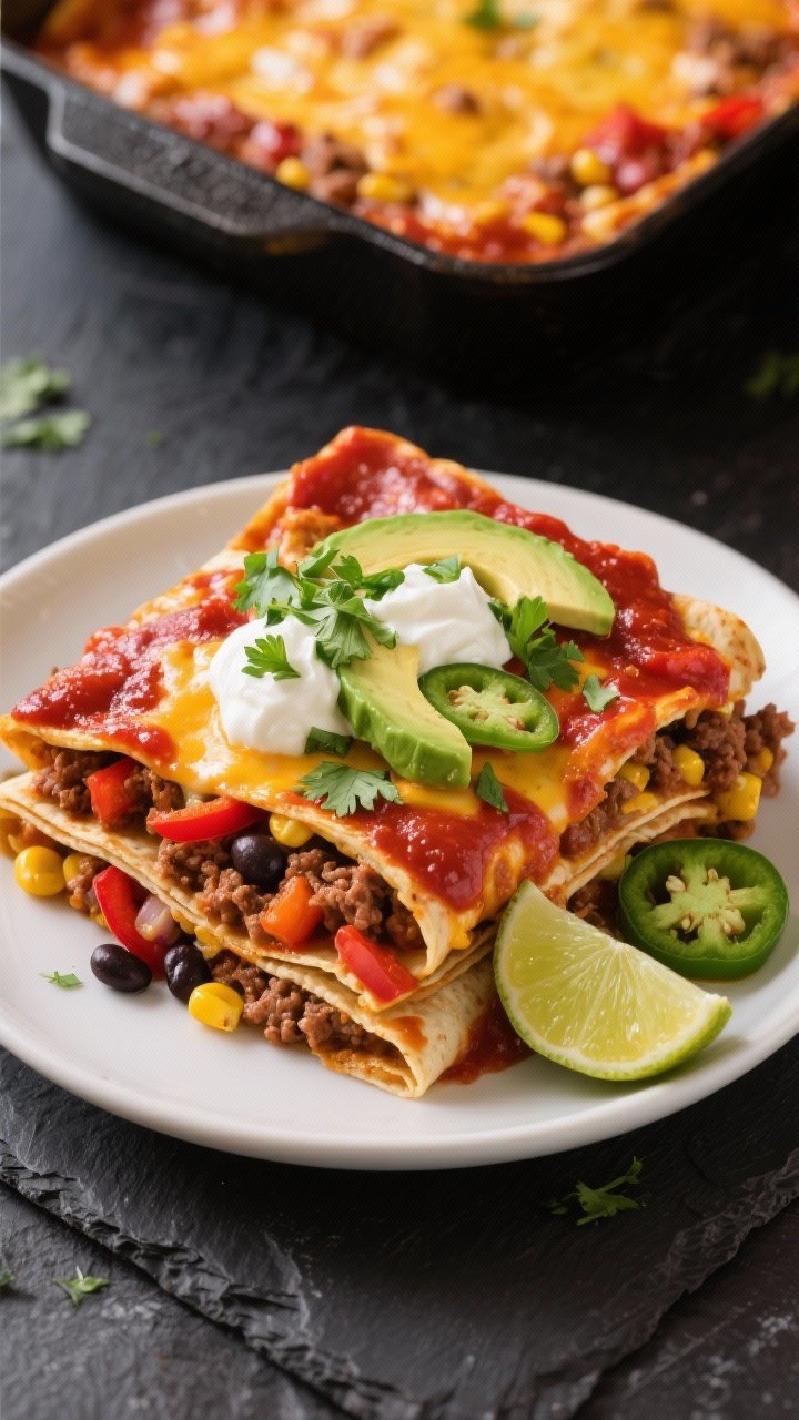 45-degree angle plated shot of a Tex-Mex Beef Enchilada Casserole square lifted from the pan, showcasing neat layers of corn tortillas, saucy ground beef with onion, red bell pepper, black beans, and corn, all drenched in red enchilada sauce and melted Monterey Jack; garnished with chopped cilantro, dollops of sour cream, avocado slices, thin jalapeño rounds, and a lime wedge; vibrant fiesta colors against a dark slate surface with the remaining casserole in the background, edges slightly bubbly.