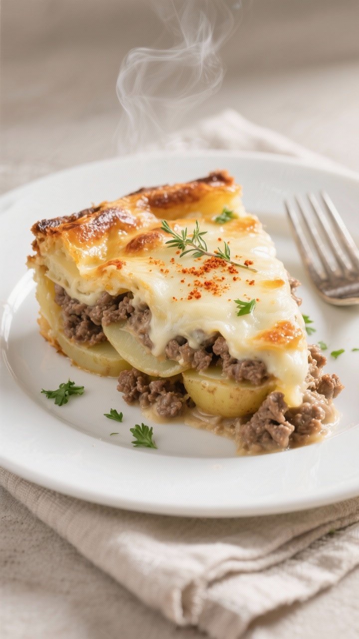 45-degree angle, plated slice of Creamy Beef & Potato Comfort Bake on a white plate: thin, tender russet potato layers with savory ground beef, creamy mushroom soup-milk sauce glistening, melted mozzarella browned on top, flecks of paprika and dried thyme. Rested and set slice with clean edges, steam gently rising. Sprinkle of chopped parsley for freshness, a fork and linen napkin nearby, cozy neutral tones, Sunday-supper comfort.