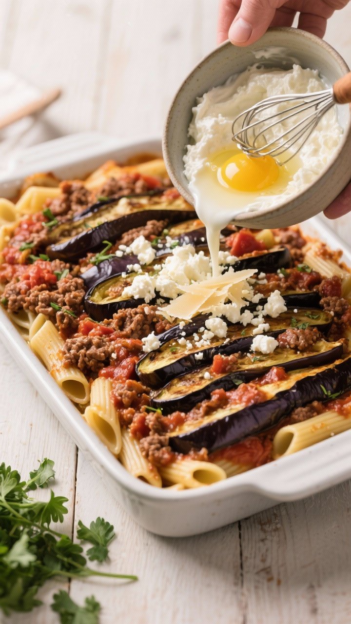 45-degree angle process shot of Greek-Style Beef, Eggplant & Feta Pastitsio Shortcut being assembled: roasted eggplant rounds layered in a greased 9x13 dish, topped with spiced ground beef and tomato sauce (cinnamon, allspice, oregano) tossed with al dente ziti; a bowl of whisked ricotta, milk, and egg being poured over, crumbled feta and grated Parmesan ready to sprinkle; olive oil glistening on eggplant, warm Mediterranean tones, set on a light wooden table with chopped parsley ready for garnish.
