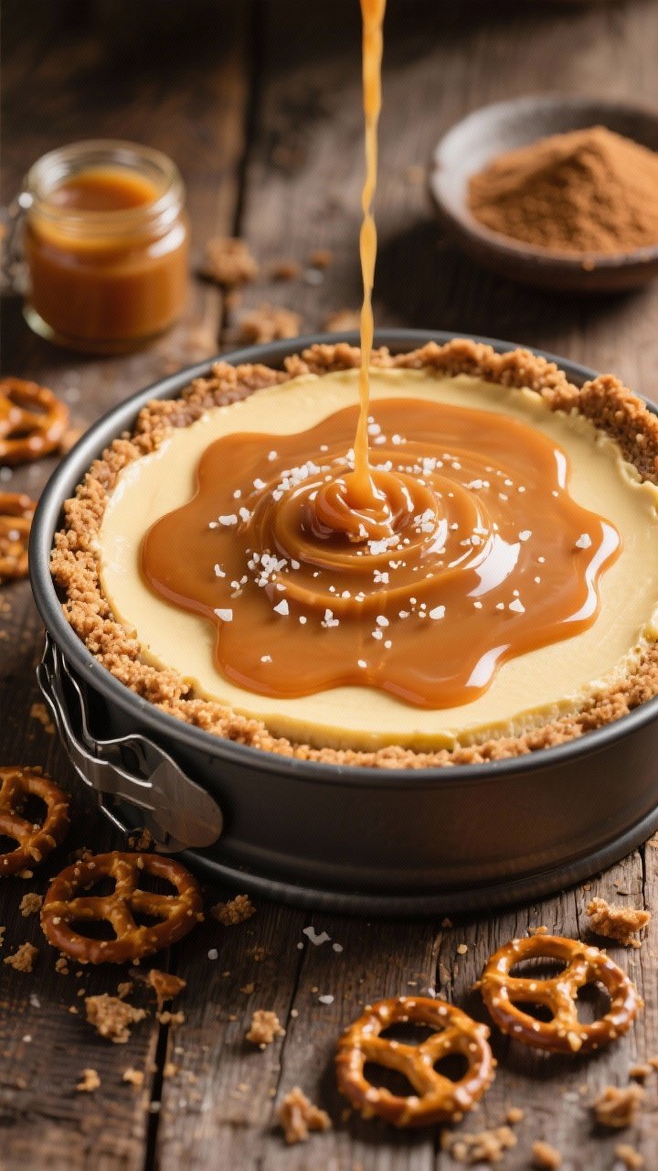 45-degree angle process-to-final composite for salted caramel pretzel cheesecake: springform pan on a rustic wood surface, showing tight pretzel crumb crust and silky filling; glossy thick salted caramel poured over the set top, mid-drip, with swooped pools; sprinkle of flaky sea salt catching light and a scatter of crushed pretzels around; include a small jar of caramel sauce and a dish of brown sugar in background; warm, golden lighting to enhance amber caramel and crunchy-smooth contrast; ultra-appetizing shine without any people, focus on sweet-salty drama.