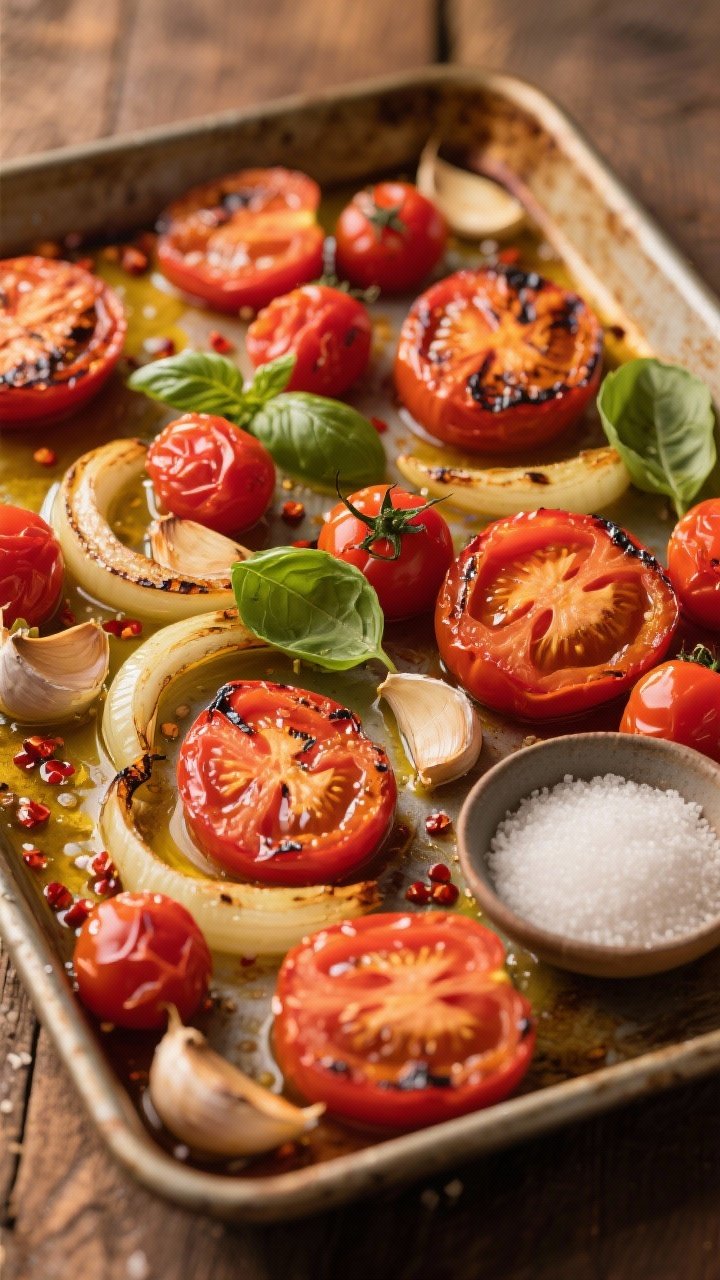 45-degree angle shot of a rustic sheet pan fresh from the oven: halved Roma and cherry tomatoes collapsed with charred edges, thick onion slices caramelized, smashed garlic cloves glistening, all tossed in extra-virgin olive oil with red pepper flakes and kosher salt; a few fresh basil leaves and a small dish of sugar on the side; warm, Sunday-supper vibe with golden evening light, ready to be blended into roasted tomato marinara.