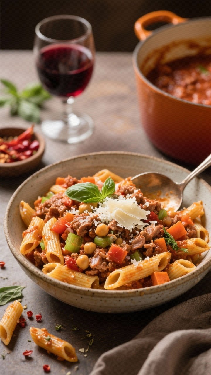 45-degree angle shot of Spicy Turkey Bolognese with chickpea penne: ridged penne folded into a rich, chunky turkey ragù with visible diced carrots, celery, onions, crushed tomatoes, and specks of oregano, crushed red pepper, and fennel seed. Finish with a snowfall of grated Pecorino Romano and torn basil leaves. Serve in a wide, rustic ceramic bowl with a ladle resting in a pot of extra sauce in the background; a glass of red wine and a small bowl of chili flakes to suggest heat. Warm, cozy lighting to evoke slow-simmered comfort.