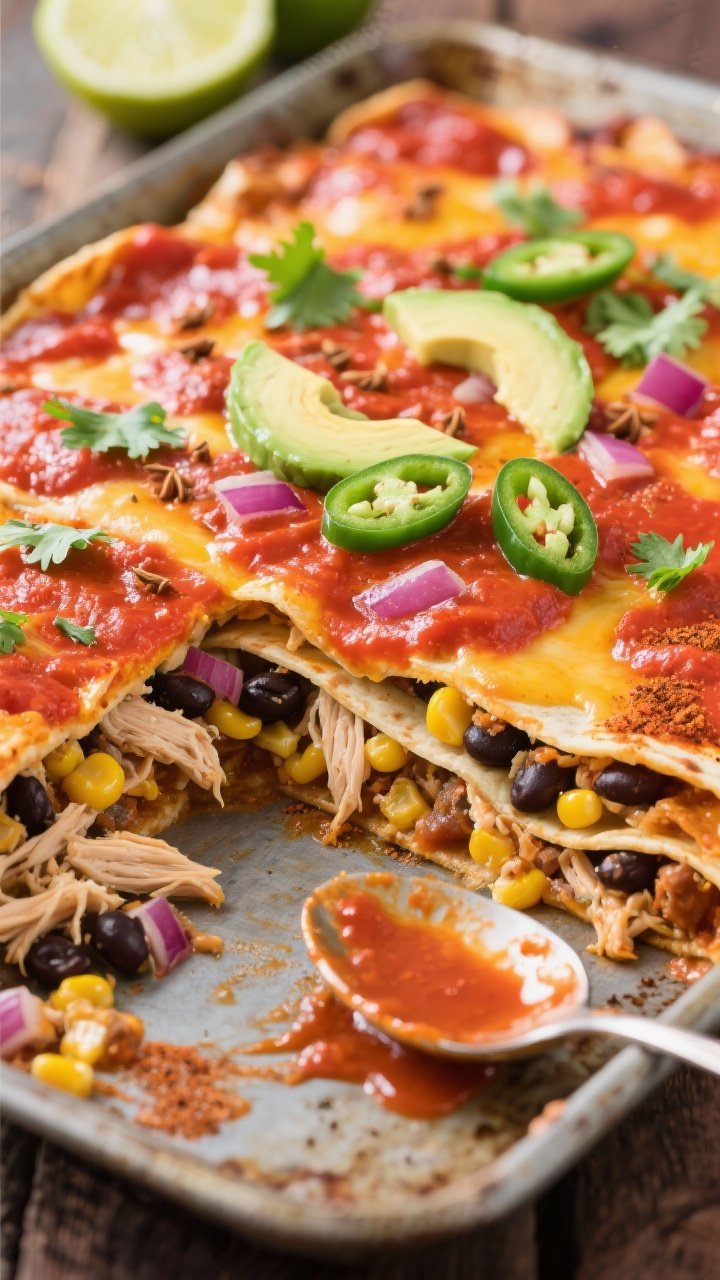 45-degree angle slice reveal of a Southwest Chicken Enchilada Casserole on a rustic baking tray: clean layers of sauced corn tortillas, shredded chicken mixed with black beans, sweet corn, red onion, cumin and chili powder, all smothered in red enchilada sauce and melted Monterey Jack; finished with a squeeze of lime and garnished with cilantro, avocado slices, and thin jalapeños; a spoon trail shows saucy, melty edges; vibrant, fiesta energy, saturated colors, no people.