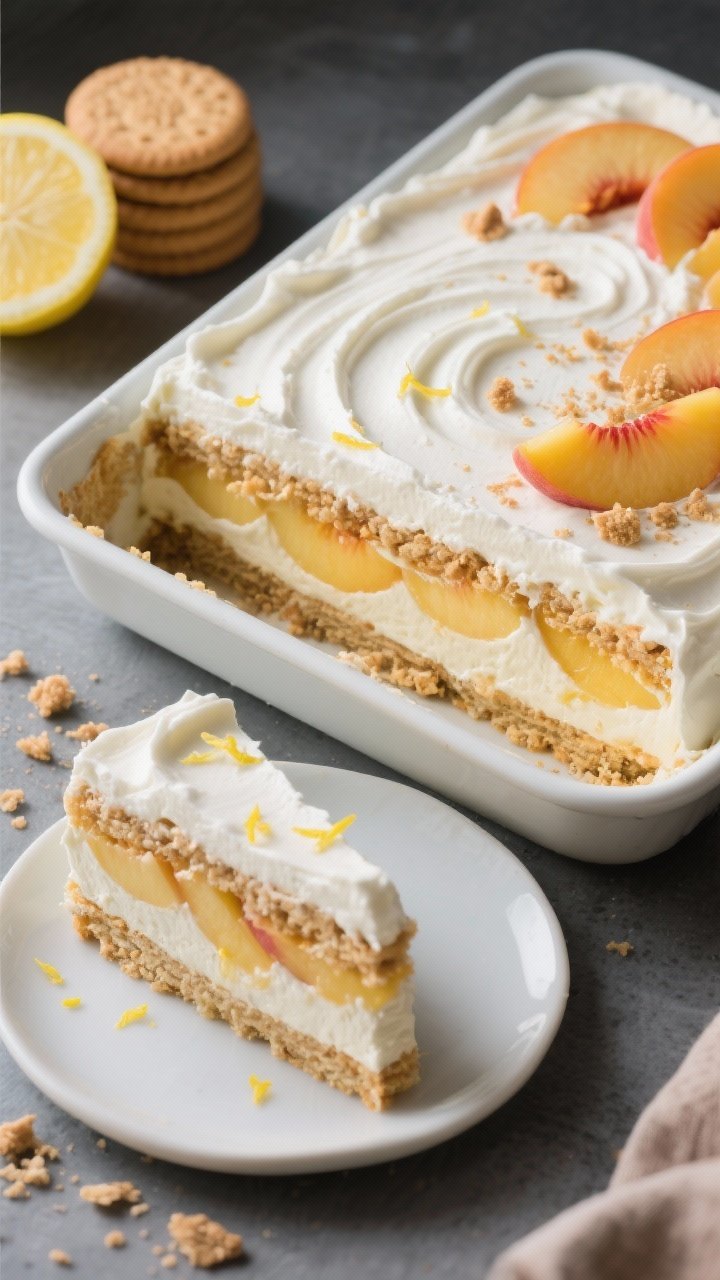 45-degree angle slice shot of a no-bake peach icebox cake in an 8x8 dish with one clean slice plated in front: distinct layers of crisp butter cookies or vanilla wafers softened into cakelike strata, plush lemon-zest whipped cream folded with mascarpone, and thinly sliced juicy peaches tossed with lemon juice and a touch of honey. Top layer smooth and swirled, finished with extra peach slices and a dusting of crushed cookies. Cool, soft lighting, tidy crumbs on the plate, zested lemon and a stack of cookies in the background hinting at ingredients.