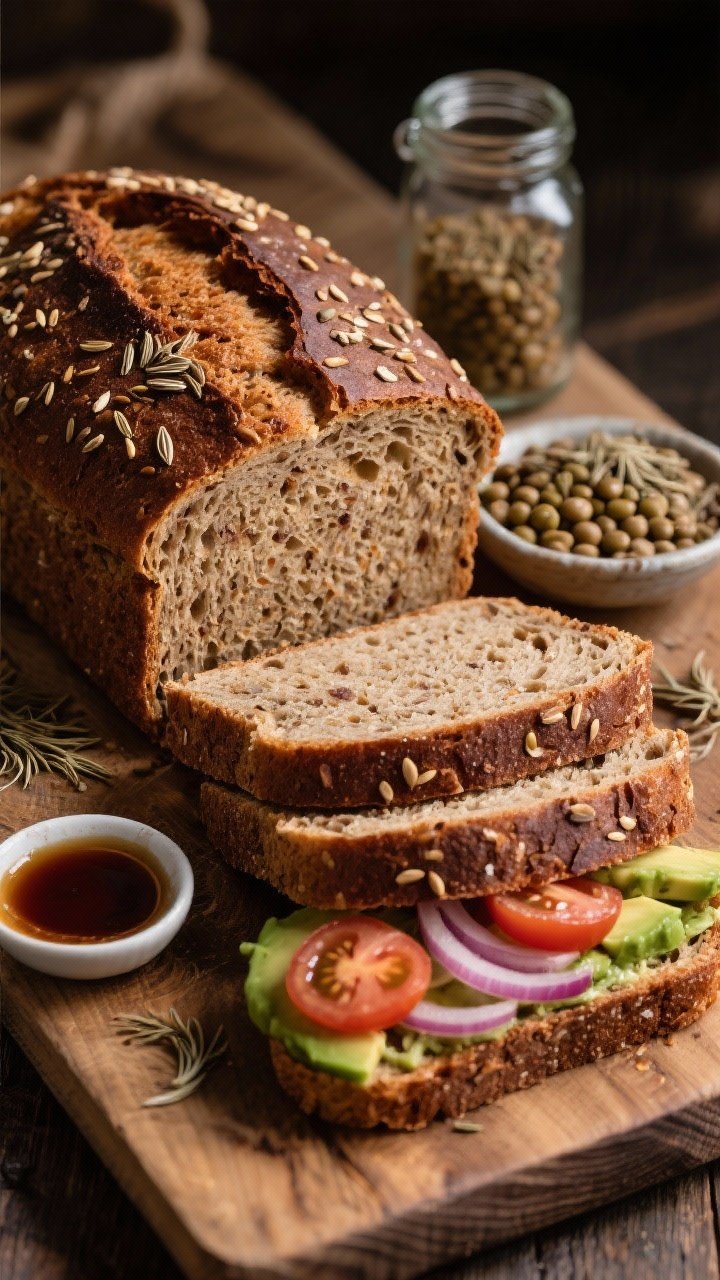 45-degree bakery-style hero shot of hearty lentil rye sandwich bread: a deep brown, well-risen loaf with caraway seeds on top, sliced to reveal sturdy, slightly dense crumb; slices stacked with visible rye flecks; a small dish of molasses, a scoop of cooked lentils, and a jar of caraway nearby; served as an open-faced sandwich with avocado, tomato, and pickled onions on one slice to suggest usage; rustic wooden board, artisan feel, rich tones, crisp detail on crust and crumb.