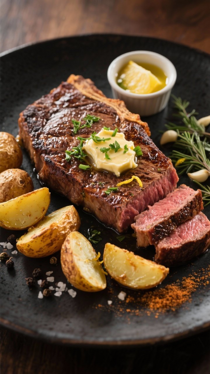 45-degree hero shot, restaurant-style plating of herb-butter air fryer steak with crispy potatoes: a 1-inch-thick ribeye cooked medium-rare with a deep crust, sliced against the grain, crowned with melting herb butter (butter, parsley, chives/thyme, garlic, lemon zest). Halved baby potatoes, crackly and golden, scattered alongside with a light dusting of salt, black pepper, and garlic powder. Present on a dark ceramic plate with a small ramekin of extra herb butter; warm directional light to capture butter melt and potato crispness; minimal props for a refined, steakhouse vibe.