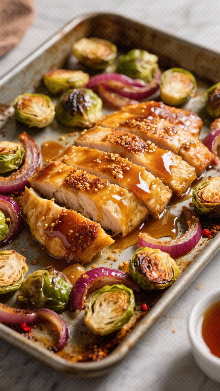 45-degree one-pan final presentation of “Maple-Dijon Sheet-Pan With Crispy Brussels”: golden, crisp-skinned thighs brushed with a glossy maple-Dijon glaze (Dijon, maple syrup, apple cider vinegar, garlic powder, pinch of red pepper), surrounded by caramelized halved Brussels sprouts and ribbons of roasted red onion. Extra glaze brushed on in the last minutes for sheen; a small dish of leftover glaze off to the side. Warm, inviting light with sticky, lacquered edges and charry Brussels highlights; rustic sheet pan styling to convey weeknight ease and big payoff.