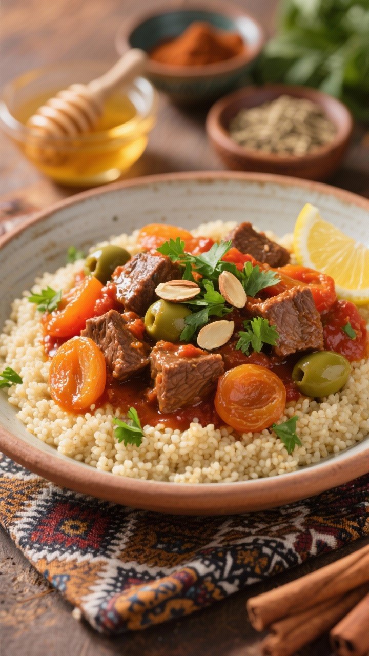 45-degree plated Moroccan-style stew over fluffy couscous: tender beef cubes in a tomato-based sauce scented with cumin, coriander, cinnamon, and paprika; halved dried apricots and optional green olive slices nestled throughout, finished with a drizzle of lemon juice; sprinkled with chopped cilantro and toasted almond slivers; served in a shallow ceramic bowl with warm, sunlit tones, patterned textile underneath; small bowls of honey and spices in the background to evoke Moroccan flair.
