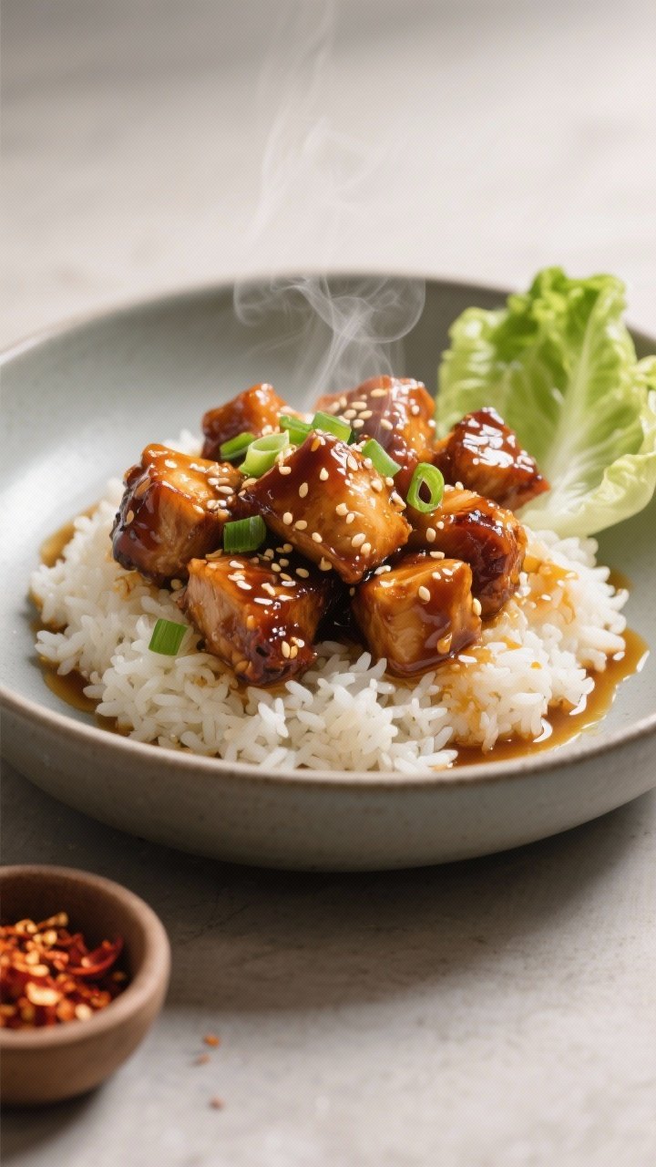 45-degree plated presentation of glossy honey-garlic sticky chicken bites: caramelized, lacquered cubes piled over fluffy jasmine rice in a shallow matte bowl, sauce clinging to browned edges, steam rising; garnished with toasted sesame seeds and sliced scallions, a drizzle of extra sticky honey-soy-garlic glaze pooling slightly; a small side dish of lettuce cups in frame; include a tiny pinch bowl of chili flakes; warm tones, tight depth of field to highlight the sticky sheen, professional studio light.