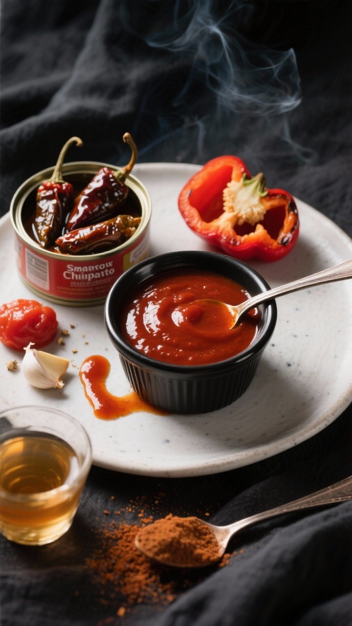 45-degree plated presentation of Smoky Chipotle-Garlic Sauce giving instant BBQ vibes: a matte black ramekin filled with deep brick-red, glossy chipotle sauce with visible sheen; a spoon trail showing its slightly thick consistency; styled with key ingredients around it—open can of chipotles in adobo (four peppers visible) with a drizzle of adobo, a roasted red bell pepper half, smashed garlic cloves, a dab of tomato paste, smoked paprika dusting, a small glass of apple cider vinegar, and a pinch of brown sugar; moody, smoky backdrop, charcoal linen, dramatic directional light.