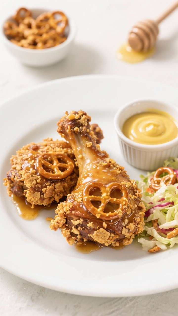 45-degree plated shot of “Honey-Mustard Pretzel Crunch That Snaps”: bone-in thighs coated in a glossy Dijon-honey glaze and encrusted with a golden, buttered pretzel crust that looks rugged and crackly. Drizzle of extra honey on top, served with a bright, crunchy slaw on a white plate; a side ramekin of honey-mustard (Dijon, honey, apple cider vinegar, garlic powder) visible. Include a small bowl of finely crushed pretzels and melted butter in the scene. Clean, bright light to highlight caramelization and crisp texture; shallow depth of field to make the crust pop.