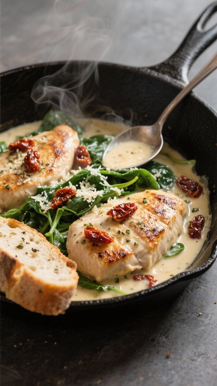 45-degree plated skillet scene: creamy Tuscan chicken breasts bathed in a silky Parmesan cream sauce with wilted baby spinach and chopped sun-dried tomatoes, sauce clinging to the seared chicken, steam rising slightly, served in a black cast-iron skillet with a spoon trail showing thickness, side of rustic bread slices for dipping, Italian seasoning flecks visible.