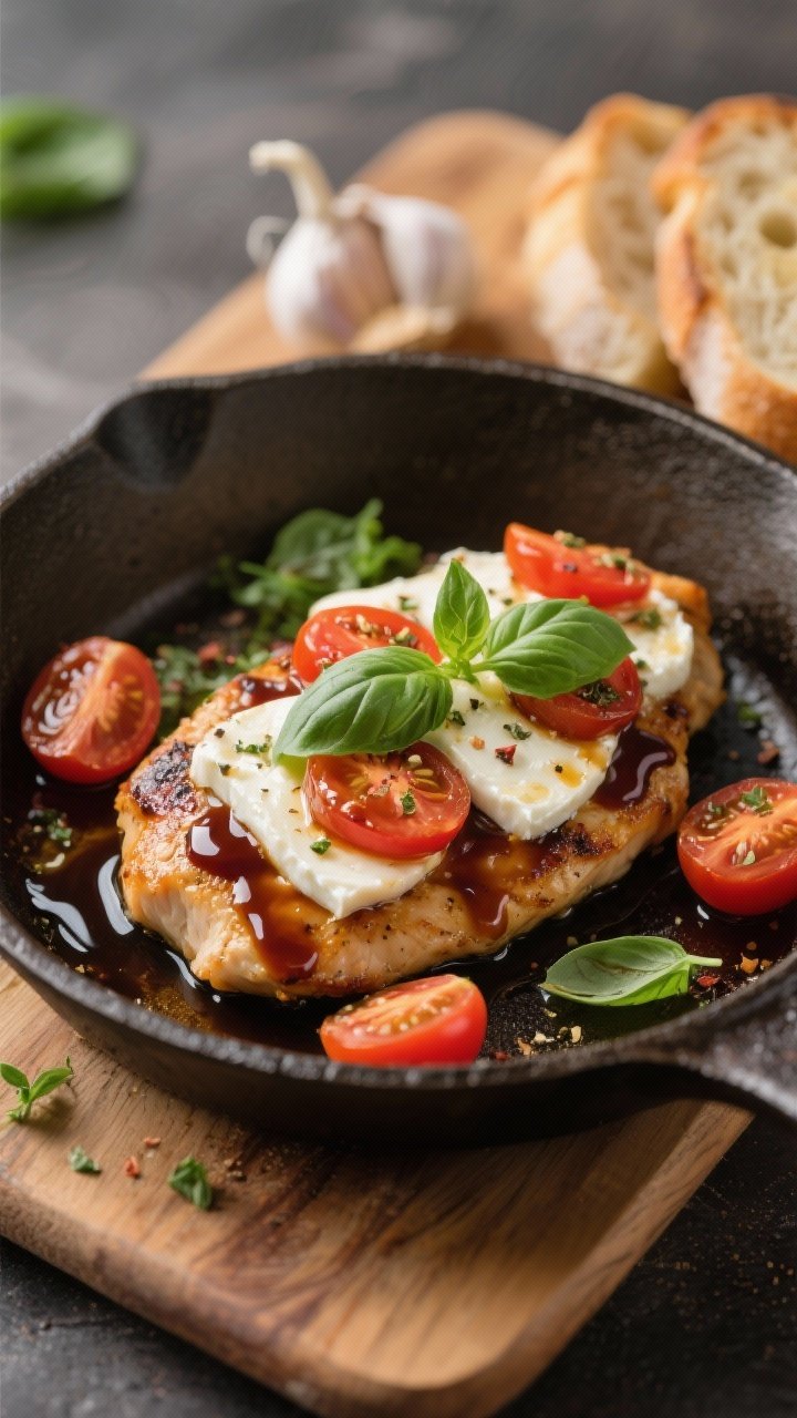 45-degree skillet caprese finale: juicy chicken cutlets topped with melty fresh mozzarella and halved cherry tomatoes, draped in a glossy, reduced balsamic-honey glaze, scattered fresh basil leaves, Italian seasoning speckles on chicken, glaze artfully spooned over and pooling slightly, rustic skillet on a wooden board with garlic bread in soft focus.
