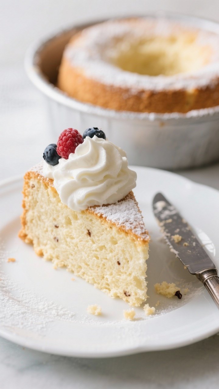 45-degree slice shot of vanilla angel food cake on a white plate, showing the airy, sponge-like crumb with tiny vanilla flecks; topped with a generous dollop of cloudy whipped skyr-cream mixture and fresh berries; additional serrated knife with a few crumbs nearby and the uncut cake in an ungreased tube pan in soft focus; light, ethereal styling with subtle powdered sugar dust; crisp highlights to convey lift and softness.