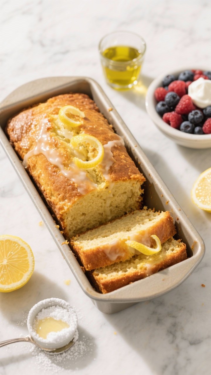 5-inch loaf pan, the golden, plush crumb visible on a couple of slices, glossy lemon glaze dripping down the sides; include lemon zest curls, halved lemons, a small bowl of powdered sugar and a spoon with fresh lemon juice for the glaze, a drizzle of olive oil in a tiny glass, and a side of mixed berries and a dollop of Greek yogurt; bright, zesty styling with a sunlit marble surface, clean props, crisp highlights that emphasize the golden crust and moist interior.