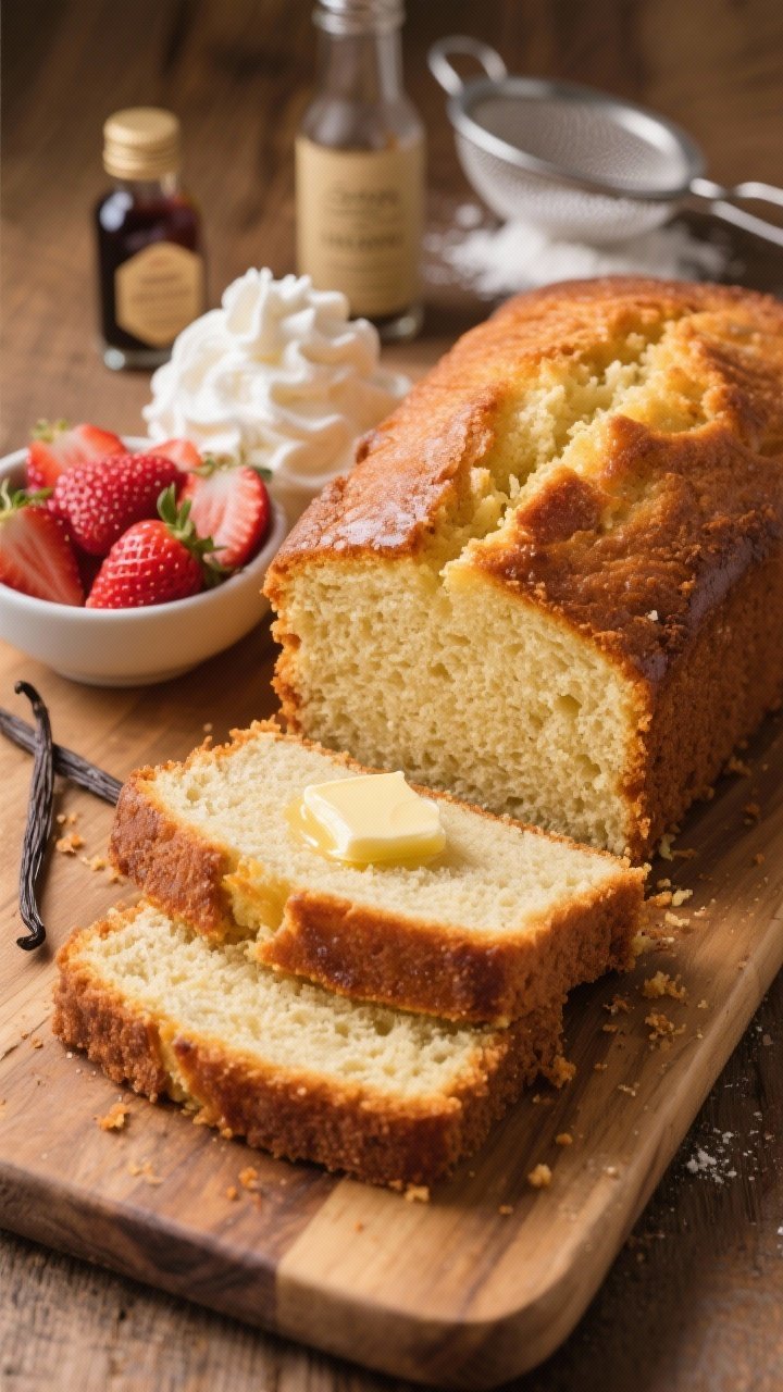A 45-degree angle hero shot of old-fashioned vanilla pound cake on a wooden board: thick, even slices revealing a dense yet tender crumb and butter-forward golden crust; one slice lightly toasted with a pat of melting butter; nearby a small bowl of macerated strawberries and a cloud of whipped cream ready for serving; include a bottle of pure vanilla extract and a sifter with a hint of cake flour dust; warm, inviting light that accentuates the crumb structure and buttery sheen.
