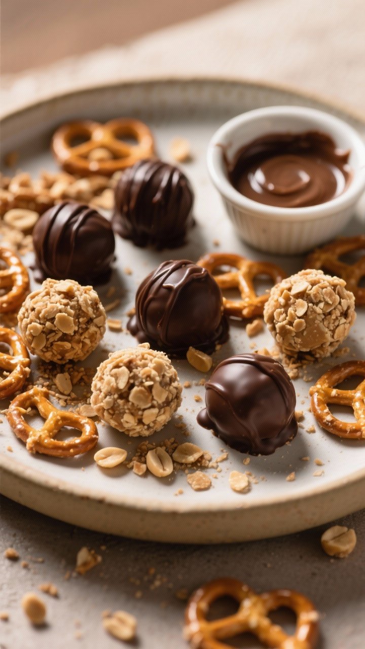 A 45-degree angle plated presentation of peanut butter pretzel truffles: round 1-inch truffles with a slightly rustic texture from finely crushed pretzels, coated in smooth dark chocolate with a gentle sheen, a few drizzled with extra chocolate and some rolled in crushed peanuts. Arrange in a shallow dish with pretzel crumbs scattered and a ramekin of melted chocolate nearby. Warm, cozy lighting to highlight sweet-salty mood and crunchy contrast.