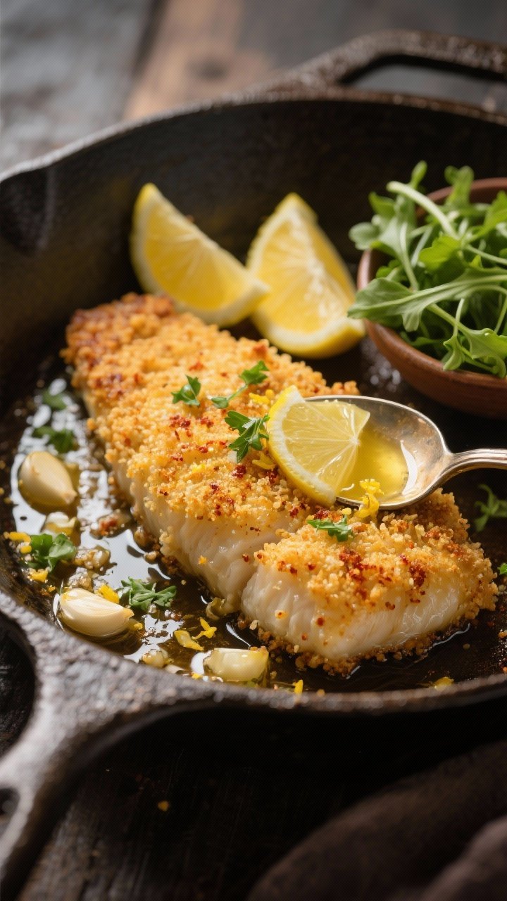 A 45-degree close-up of Crispy Lemon-Garlic Cod just out of the skillet: golden panko-crusted fillets with visible flecks of smoked paprika, glistening in melted butter with minced garlic, lemon zest, and juice spooned over; sprinkled with chopped parsley. Serve on a warm cast-iron pan with lemon halves and a small bowl of arugula on the side. Emphasize crunchy texture, sizzling butter, and bright citrus, with shallow depth of field and moody natural side light.