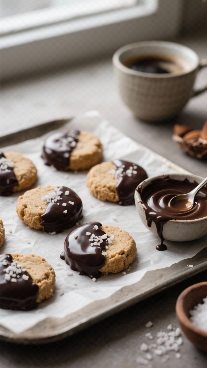 A 45-degree close-up of no-bake almond butter rounds half-dipped in glossy dark chocolate, sprinkled with flaky sea salt, arranged on a parchment-lined tray. Show the soft, slightly matte almond flour cookie texture against the shiny chocolate shell, with a small bowl of melted dark chocolate swirled with coconut oil nearby, a spoon dripping chocolate, and a pinch bowl of flaky salt. Warm, moody coffee-break vibe with an espresso cup blurred in the background; neutral ceramic, soft window light, shallow depth of field.