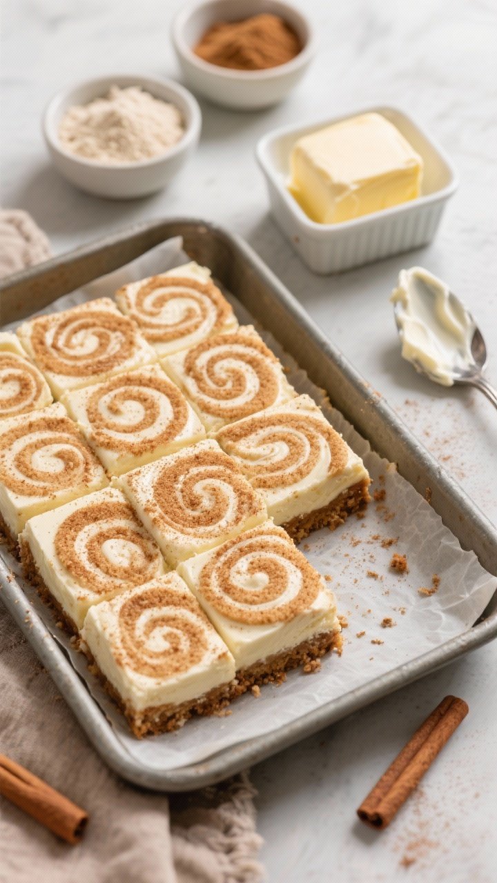 A 45-degree plated presentation of snickerdoodle squares with a creamy cheesecake swirl: clean-cut bars in an 8-inch pan lined with parchment, swirled tops dusted lightly with cinnamon sugar. Include small bowls of almond flour, coconut sugar, and ground cinnamon, plus a butter dish and a spoon streaked with cream cheese mixture to hint at the no-bake assembly. Warm, cozy tones, soft diffused light, minimal props for a party-ready look; sharp focus on swirl detail, gentle falloff to the edges.