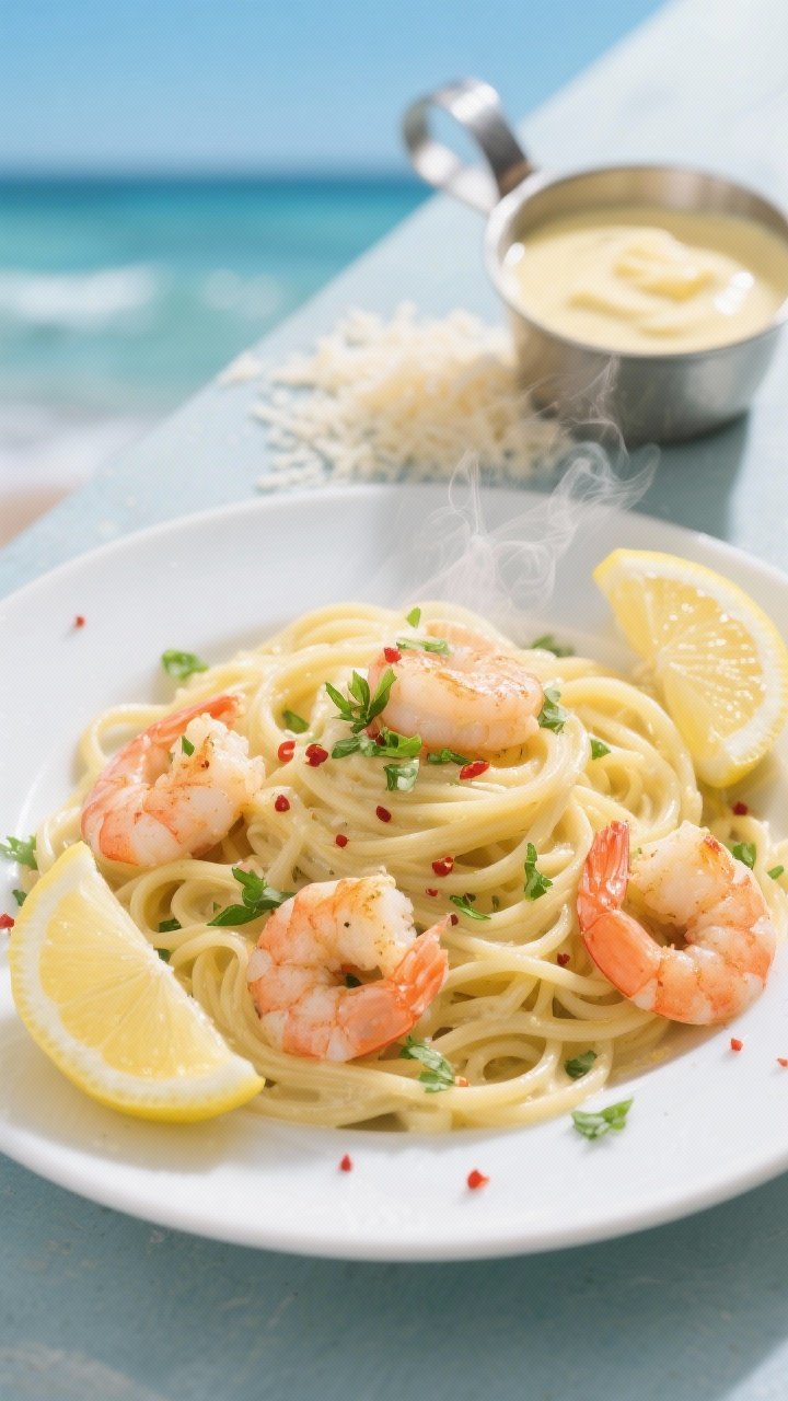A 45-degree plated shot of Lemon-Garlic Shrimp Alfredo: linguine twirled into nests, creamy lemon-zested sauce clinging to the pasta, seared pink shrimp nestled throughout, sprinkled with chopped parsley, fine zest curls, and a pinch of red pepper flakes; lemon wedges on the rim, steam visible; a small saucier in background holding butter-garlic-lemon cream sauce and a scattered pile of finely grated Parmigiano-Reggiano; bright, seaside-vacation mood with crisp highlights.