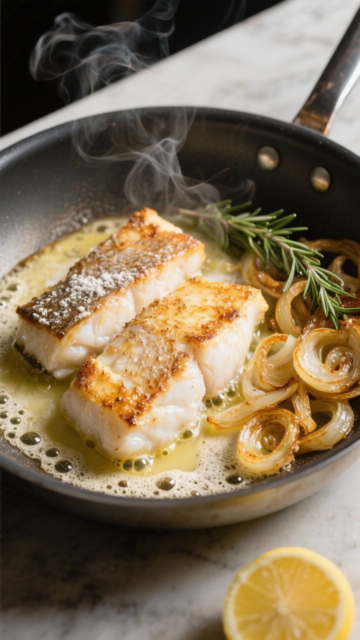 A 45-degree process shot of Butter-Basted Cod with browned shallots: thick cod fillets in a stainless skillet mid-baste, foamy butter pooling with crisp, golden shallot slices pushed to the side and thyme sprigs sizzling. A wedge of lemon on the countertop ready to squeeze. Capture the nutty brown butter bubbles, light flour dusting on the fish, and steam rising; dramatic side lighting for restaurant-style polish.