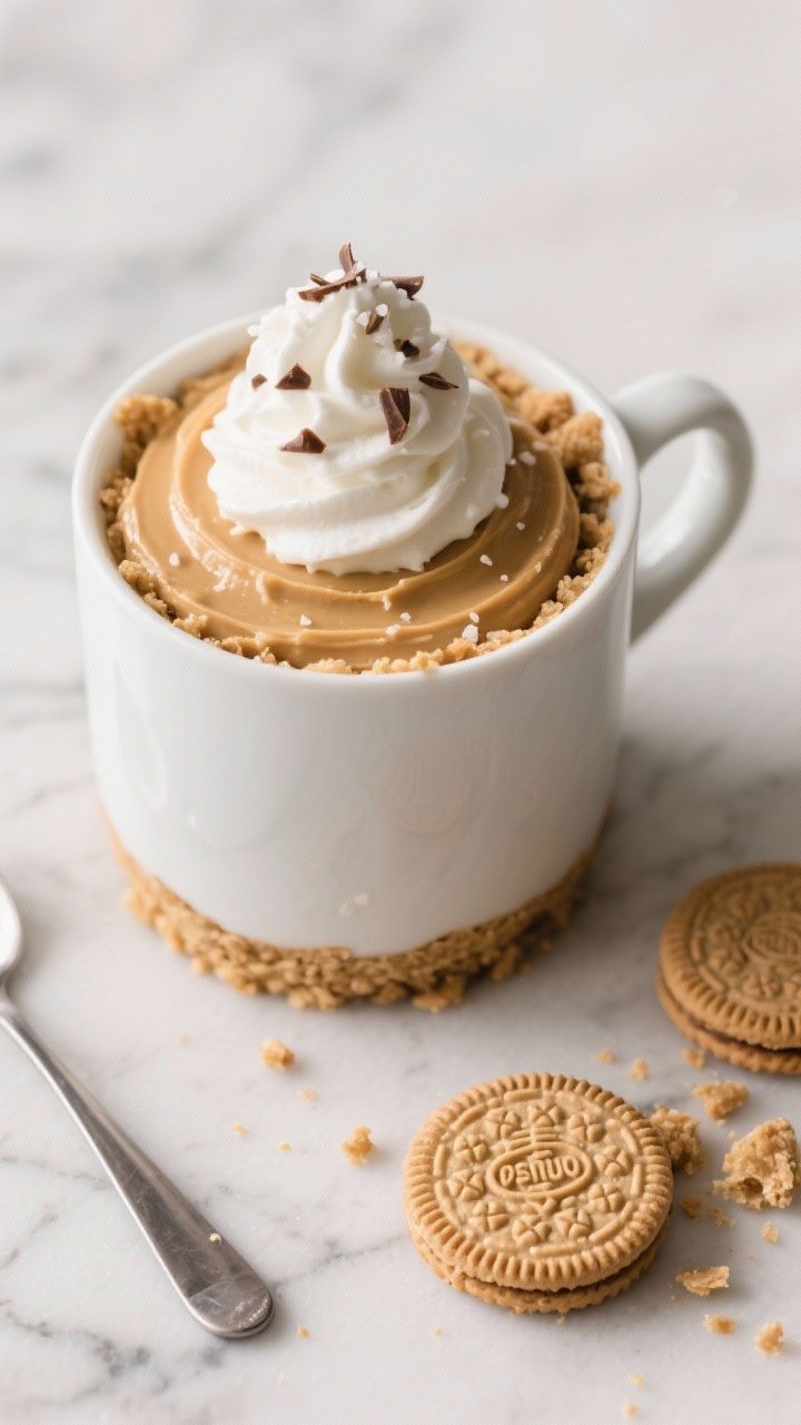 A close-up, 45-degree angle shot of a five-minute peanut butter mug pie in a white ceramic mug: crushed vanilla sandwich cookie and melted butter crumb pressed at the bottom, topped with an ultra-smooth peanut butter–cream cheese filling with hints of vanilla, finished with a tall swirl of whipped cream and delicate chocolate shavings; a tiny pinch of flaky salt on top for sparkle. Style on a cool marble surface with a spoon and a few whole vanilla sandwich cookies and extra crumbs scattered. Warm, soft side lighting to highlight creamy texture and crunchy crumb.