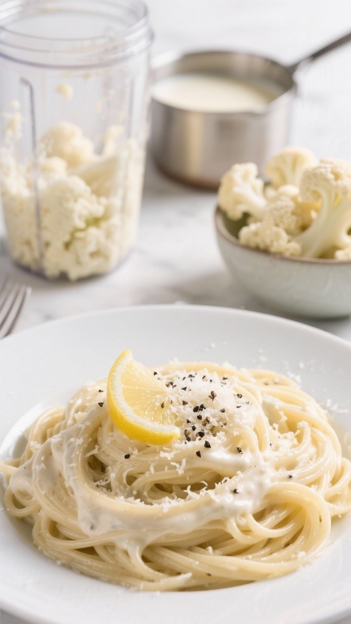 A close-up of Cauliflower Alfredo that’s shockingly silky: spaghetti coated in ultra-smooth pale ivory cauliflower sauce, finished with a squeeze of lemon, cracked black pepper, and a light snowfall of Parmesan; creamy texture glistening, tiny nutmeg specks visible; in the background, a blender jar with remnants of puréed cauliflower, a small pot of warm broth-milk mixture, and a bowl of steamed cauliflower florets; bright, clean, modern mood highlighting the lighter, velvety finish.