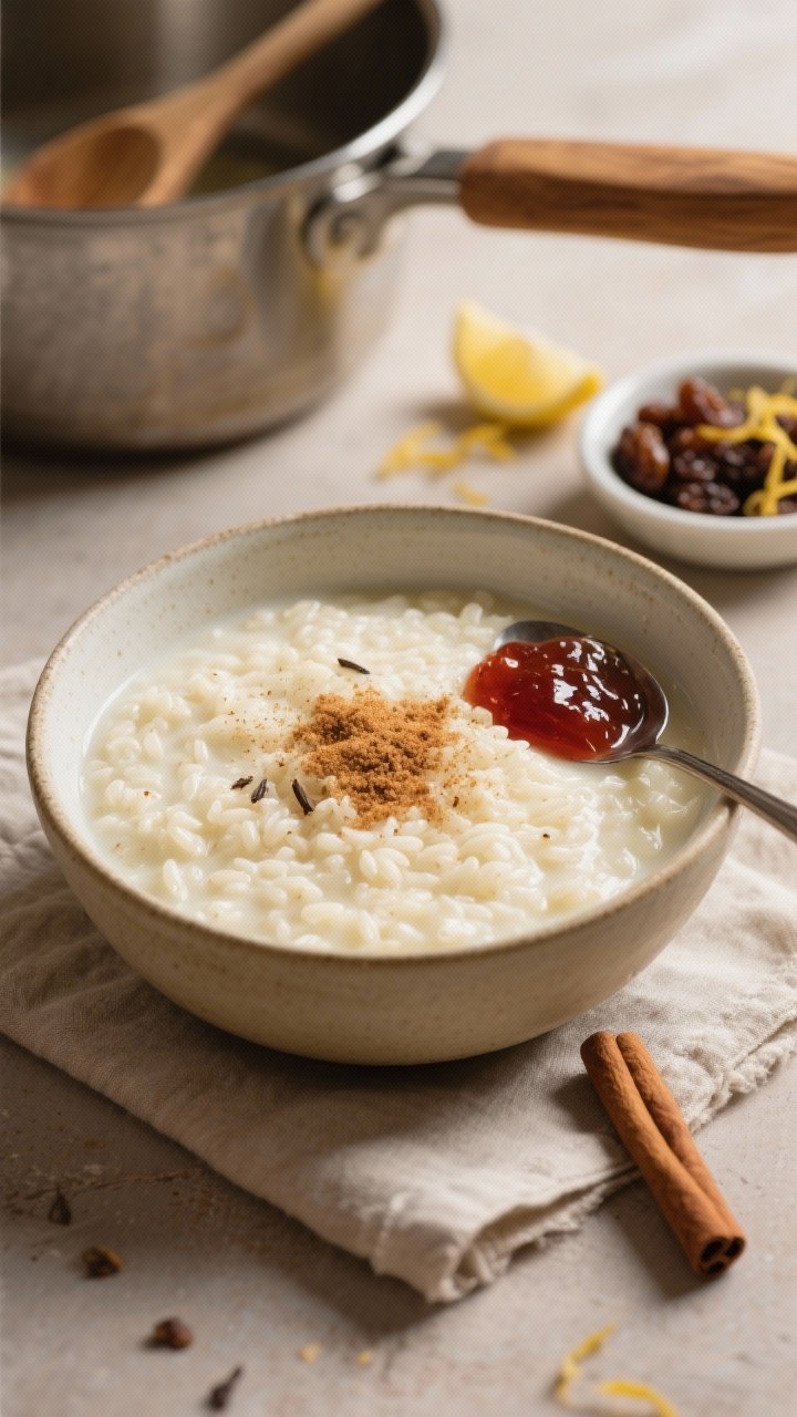 A cozy, straight-on bowl shot of creamy vanilla rice pudding: luscious, thick pudding with visible tender short-grain rice, flecks of vanilla, and a soft sheen; topped with a sprinkle of cinnamon sugar and a spoonful of ruby jam off to the side; optional add-ins visible nearby—small dishes of raisins, lemon zest, and a cinnamon stick; a saucepan in the background with a wooden spoon to suggest the slow simmer; neutral ceramic bowl on a linen napkin, warm ambient light for comfort-food appeal.