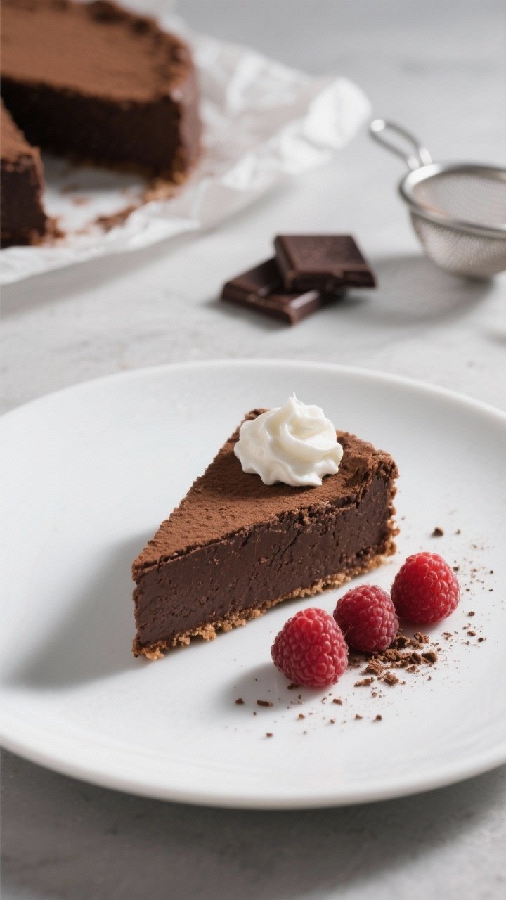 A minimalist plated presentation at a 45-degree angle of a flourless chocolate torte slice on a matte white plate, ultra-dense and velvety with a fine cocoa dusting on top. A dollop of softly whipped cream and a few fresh raspberries on the side, with micro cocoa crumbs scattered artfully. In the blurred background: the remaining torte on parchment, a bar of dark chocolate, and a small sieve. Dramatic side lighting to accentuate the fudgy interior and thin crust.